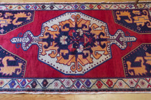 Load image into Gallery viewer, 4x8 Vintage Central Anatolian &#39;Nigde&#39; Turkish Area Rug | Bold Medallion on Red Field Stylized Corner Design Geometric Border Vibrant Colors | SKU 657
