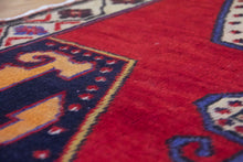 Load image into Gallery viewer, 4x8 Vintage Central Anatolian &#39;Nigde&#39; Turkish Area Rug | Bold Medallion on Red Field Stylized Corner Design Geometric Border Vibrant Colors | SKU 657
