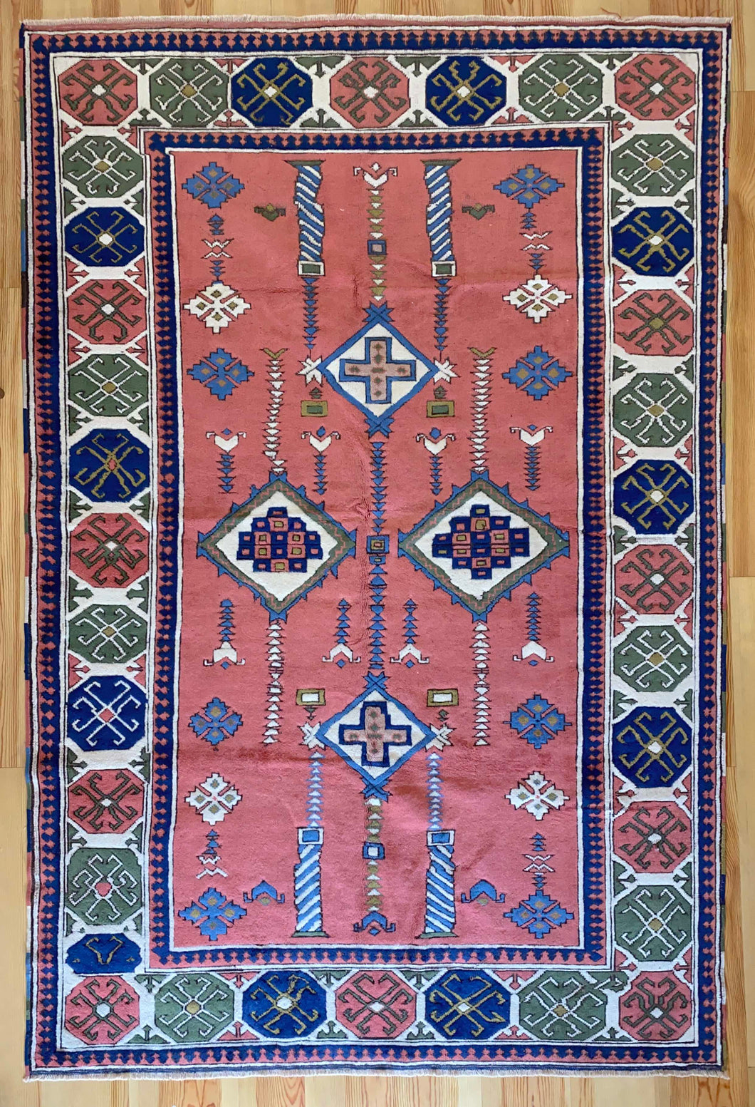 7x11 Vintage Central Anatolian 'Sultanhan' Turkish Area Rug | Symmetrical Geometric Design on Spacious Field Stylized Motifs Light Border Design | SKU 658