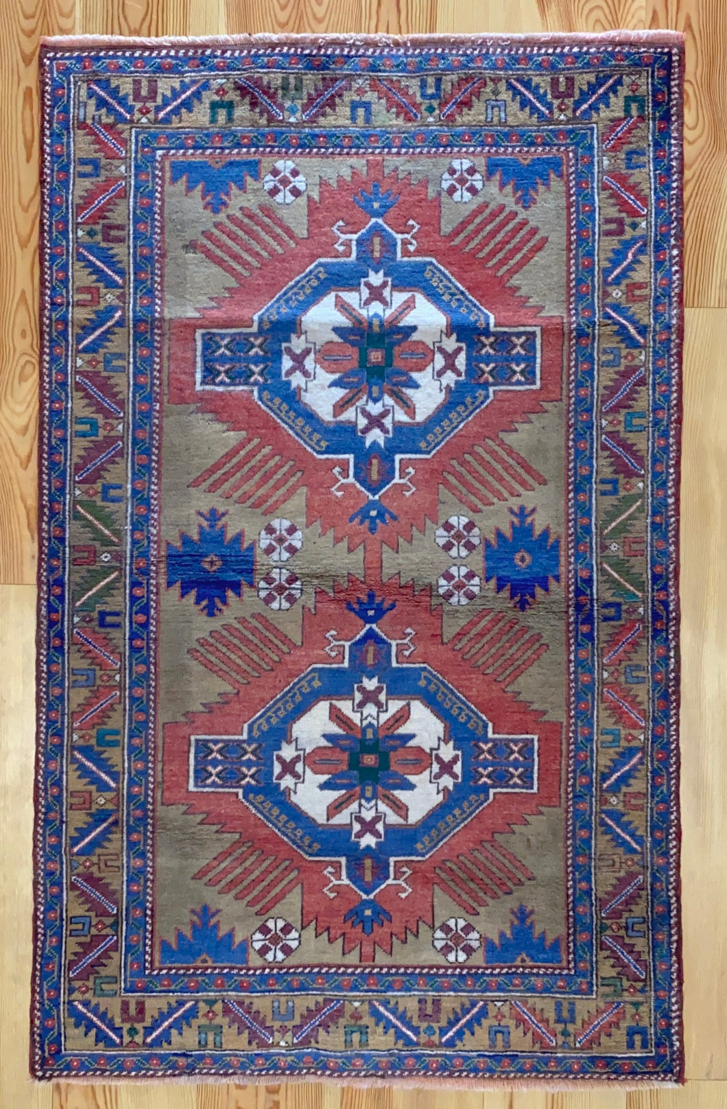 4x6 Vintage Central Anatolian 'Taspinar' Turkish Area Rug | Double Medallion Geometric Design Stylized Border Subtle Colors | SKU 660