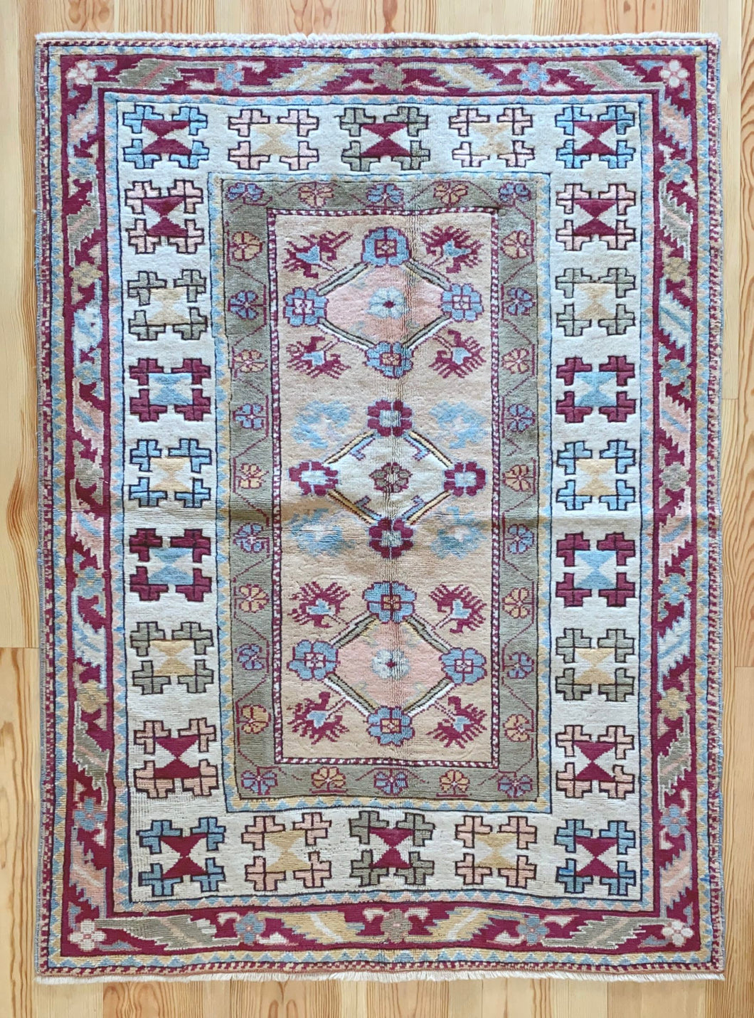 5x6 Vintage Western Anatolian 'Milas' Turkish Rug | Triple Diamond Medallion Geometric Design Pastel Colors  | SKU 663
