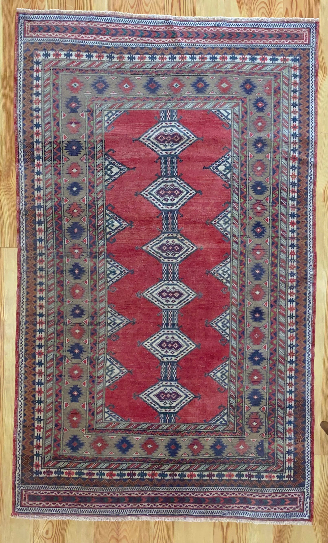 4x7 Vintage Central Anatolian 'Aksaray' Turkish Rug | Geometric 'Turkmen' Design Soft Colors | SKU 674