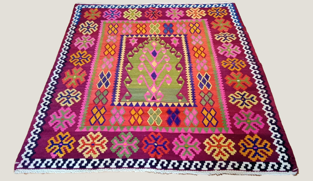 5x6 Vintage Northern Anatolian Turkish Handwoven Kilim Rug | Vibrant Colors Single Niche Design Geometric Designs | SKU 722