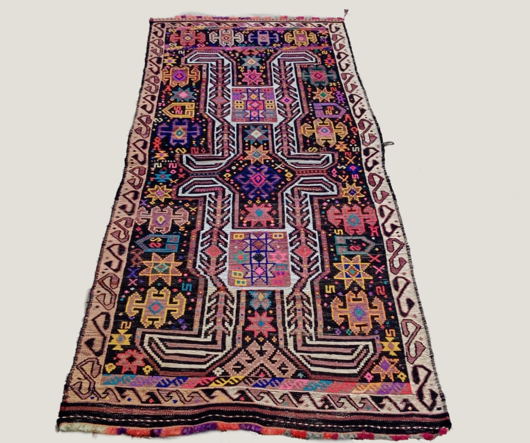 3x7 Vintage South Eastern Anatolian Handwoven Kilim Rug | Vibrant Colors Scattered Geometric Designs | SKU 731